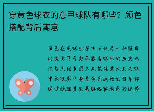 穿黄色球衣的意甲球队有哪些？颜色搭配背后寓意